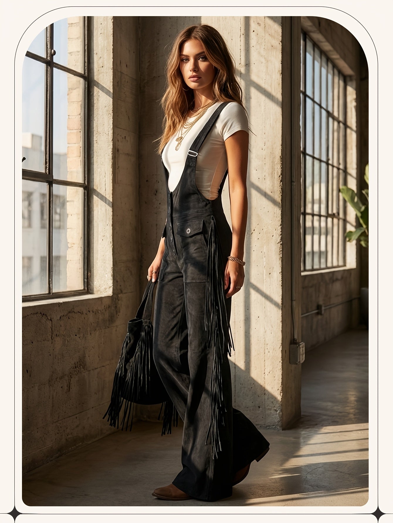 Vintage Fringe Detail Overalls, Loose Wide Leg Design, Fashion Youthful Casual Style, Daily Outing Travel Outfit, Versatile Multi-Occasion Wear