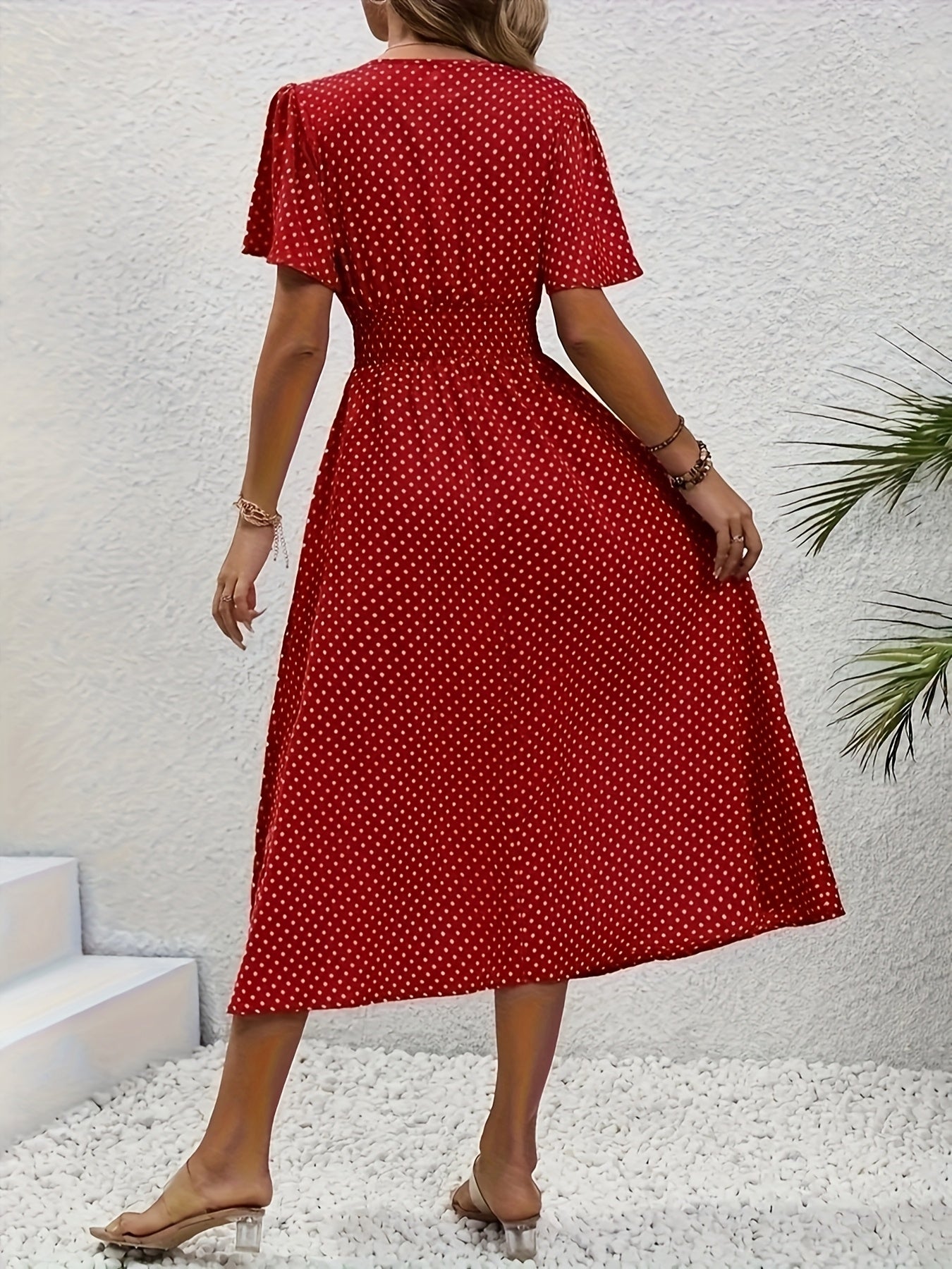 Stylish Pink Polka Dot Midi Dress for Ladies - Casual V-Neck, Ruffled Sleeves, Fitted Waist Design, Made from Lightweight, Ideal for Spring And Summer, Machine Washable