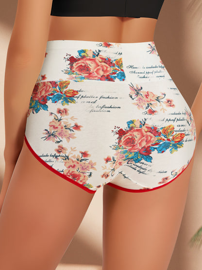 4pcs Women's High-Waisted Tummy Control Underwear - Butt Lifting Breathable Triangle Panties with Tummy Tuck, Elegant Floral Print Full Coverage for Daily Wear, Commuting & Lifestyles (4pcs) - Non-Sheer Comfortable High Waist Line
