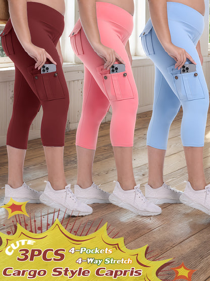 3-packs High Waist Yoga Capri Pants 3pcs Capri Pants Set, 4 Way Stretch Butt Lifting Tummy Control, 4 Button Pockets Workout Running Sports Pants