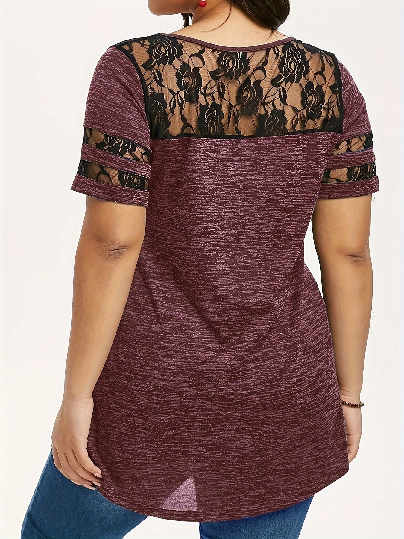 Plus Size - Plus Size - Women'S Plus Size Lace Trim Blouse Tops, Flattering V-Neck Tunic Shirt, Casual Dressy Elegant Tops, Flowy Tunic Top with Lace Sleeves, Comfort Stretch Blouse for Women, Loose Fit Shirt, Sizes XL-5X