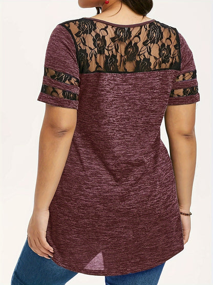 Plus Size - Plus Size - Women'S Plus Size Lace Trim Blouse Tops, Flattering V-Neck Tunic Shirt, Casual Dressy Elegant Tops, Flowy Tunic Top with Lace Sleeves, Comfort Stretch Blouse for Women, Loose Fit Shirt, Sizes XL-5X