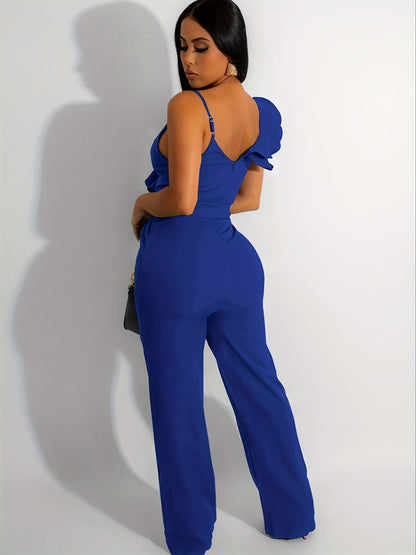 Womens Casual 1pc Jumpsuits V-Neck Sleeveless Ruffle Elegant Romper Wide Leg Pant Sexy Party Clubwear Overalls