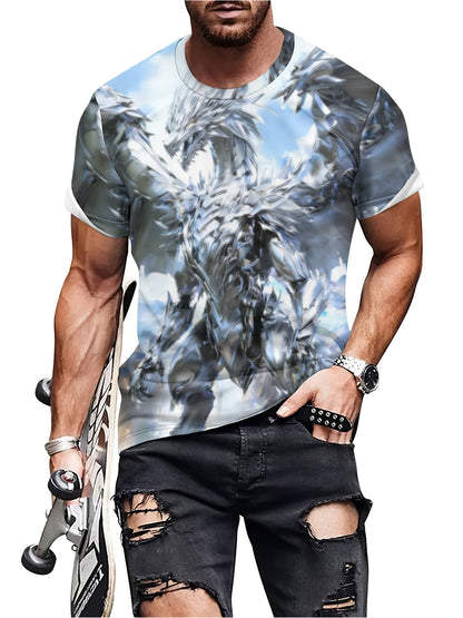 Wuwei Mechanical Blue Dragon 3D Pattern Printed Men's Graphic T-Shirt Comfort T-Shirt, Short Sleeve Pullover, Men's Summer Outdoor Clothing