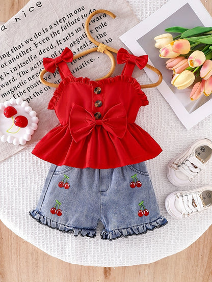 2pcs Baby Girl Summer Outfit Set, 3D Bow Ruffle Peplum Camisole Top, Cherry Embroidered Denim Shorts, Toddler Infant Girls Casual Outfit for Outdoor Sports, Travel & Photo Shooting, 1 Set Random Shipment