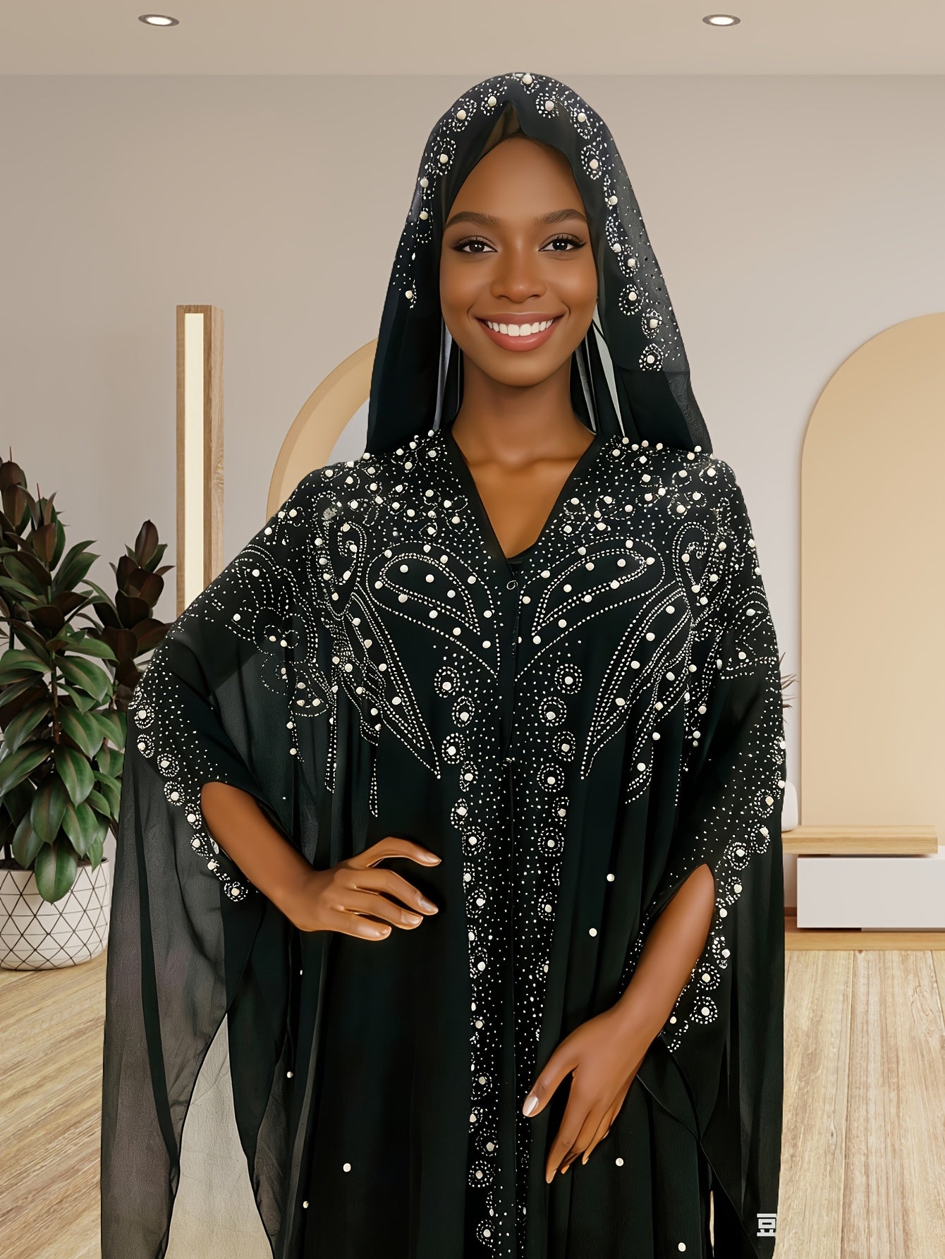 A Batwing Sleeve Shawl Wrap Adorned with Royal Blue Rhinestones, Inspired by Middle Eastern Styles. This Plus-Size Semi-Sheer Tunic Features a Loose Fit, Beaded Accents, And a Slit Hem, Perfect for Summer Weddings, Parties, And Cultural Gatherings