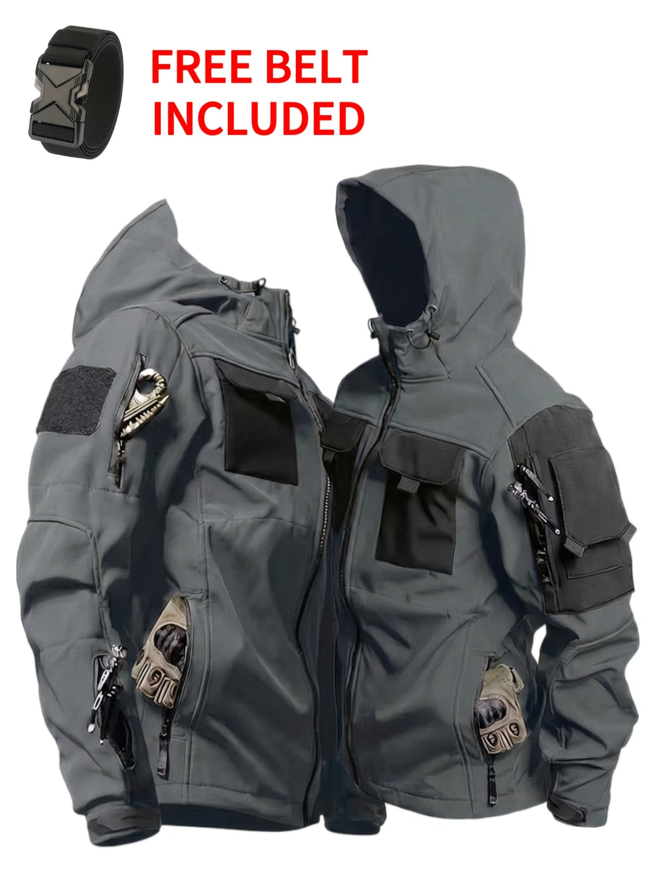 Men's Windproof Outdoor Jacket - Heavy-Duty Full-Zip Hooded Coat with Zippered Pockets, Scratch-Resistant Shell for Hiking, Camping, Hunting (Belt Included) Adjustable Hood -All-in-One Outdoor Shell Coat for Camping Essentials, Rugged Design, Durable