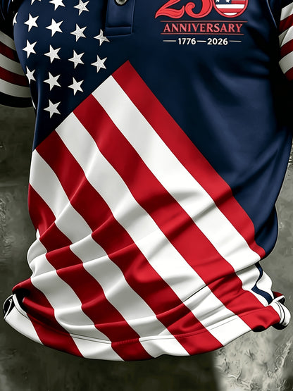 Men's US 250th Anniversary Edition Shirt with National Flag Print - Breathable Polyester Short Sleeve Collar, Machine Washable Suitable for Daily Casual Wear, Sports & Outdoor Activities, Year-Round for Athletic and Leisure
