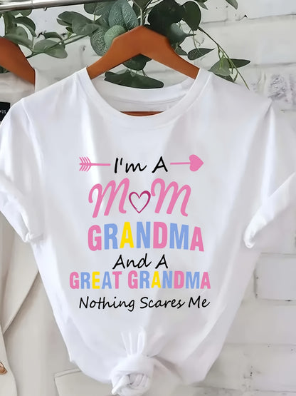 Women's Casual Crew Neck T-shirt, Fabric, Slightly Stretchy, Short-sleeved Graphic Print Top, Suitable for All Seasons, Featuring the Design "I Am a Mother, Grandmother, and Great-grandmother".