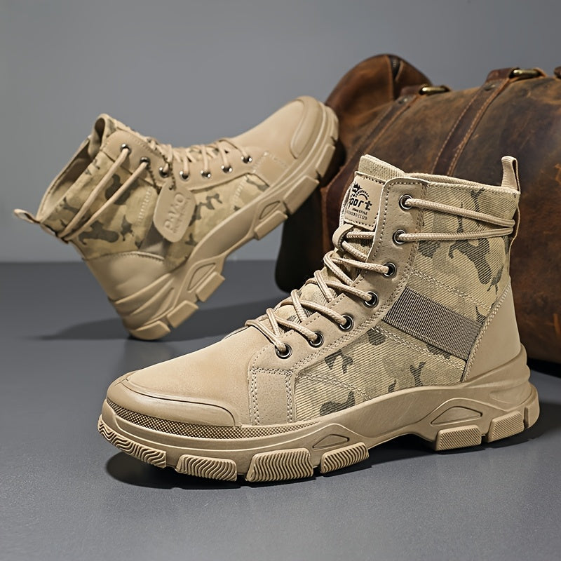 [ZHENYUEZU Tactical Boots] ZHENYUEZU Men's Tactical Boots | Non-Slip PVC Outsole, Beige/ Camouflage Colorway, Lace-Up Closure | PU & Fabric Upper Outdoor Boots for Hiking, Hunting, Everyday