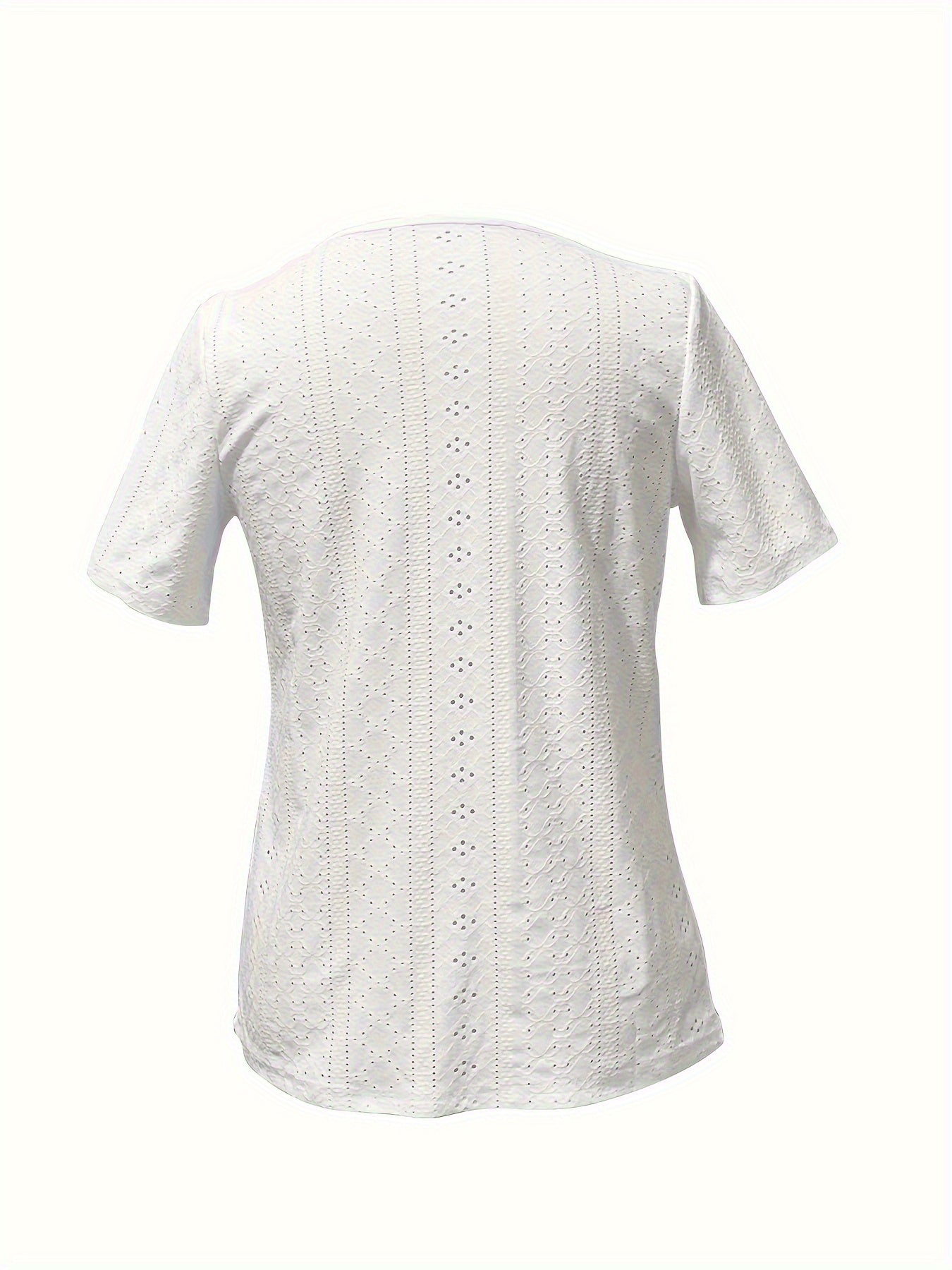 Elegance Light Blue V-Neck Short Sleeve T-Shirt with Decorative Buttons - Breathable, High Elasticity, Semi-Transparent Jacquard Top for Women, Suitable for Spring And Summer, Ladies' T-Shirt