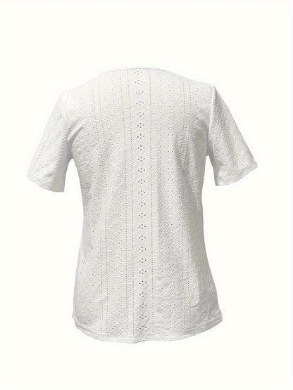 Elegance Light Blue V-Neck Short Sleeve T-Shirt with Decorative Buttons - Breathable, High Elasticity, Semi-Transparent Jacquard Top for Women, Suitable for Spring And Summer, Ladies' T-Shirt