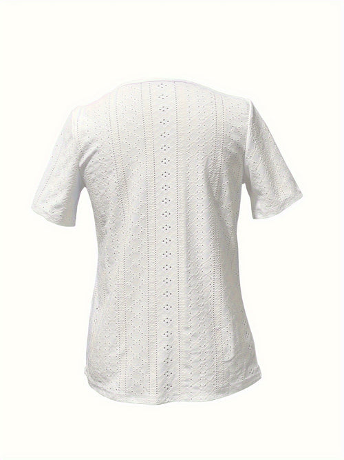 Elegance Light Blue V-Neck Short Sleeve T-Shirt with Decorative Buttons - Breathable, High Elasticity, Semi-Transparent Jacquard Top for Women, Suitable for Spring And Summer, Ladies' T-Shirt