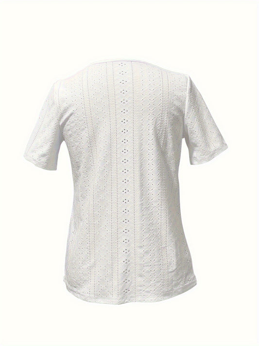 Elegance Light Blue V-Neck Short Sleeve T-Shirt with Decorative Buttons - Breathable, High Elasticity, Semi-Transparent Jacquard Top for Women, Suitable for Spring And Summer, Ladies' T-Shirt