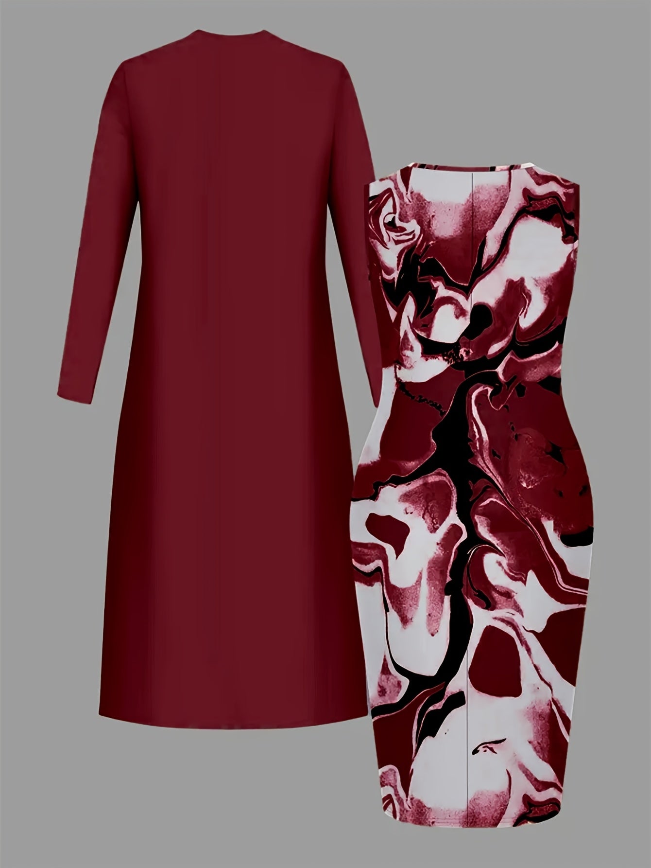 Two-Piece Set: Long Khaki Cardigan + Gold-Brown Marble Patterned Pencil Skirt for Women | Fashionable And Professional Design, Suitable for The Workplace, Daily Outings, And Other Occasions