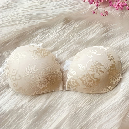 1 Pair SAHOBBIEHOP Lace Adhesive Push Up Bra Inserts - Polyester 80%, Silicone 20%, Breathable, Strong Adhesion, Front Button Design, Non-Transparent, Wireless Support, Ideal for Wedding Dresses and Strapless Gowns