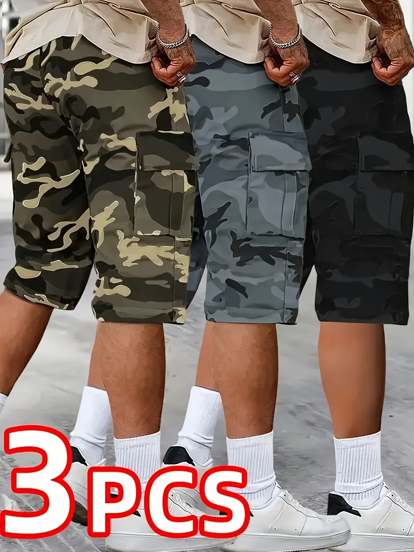 [Father'S Day Gift Choice] 3pcs Camo Cargo Shorts for Men, Knee-Length Shorts with Flap Pockets And for Hiking, Hunting, Fishing, Work Shorts for All Outdoors Activities