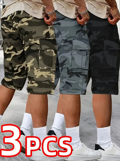 [Father'S Day Gift Choice] 3pcs Camo Cargo Shorts for Men, Knee-Length Shorts with Flap Pockets And for Hiking, Hunting, Fishing, Work Shorts for All Outdoors Activities