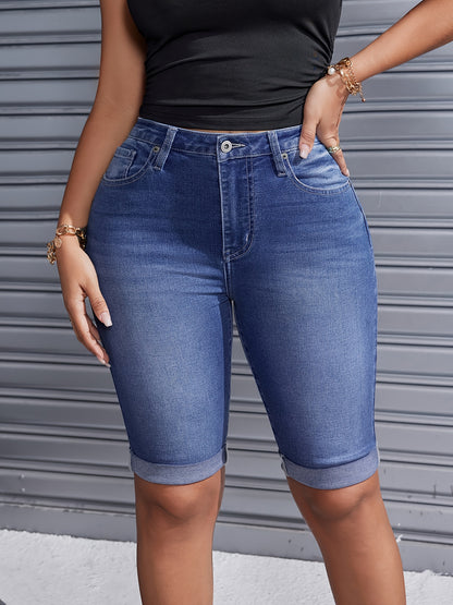 Women's Mid-waist Roll Cuff Bermuda Stretch Denim Shorts Everyday Everything Suitable for Daily Wear Tight Fit Suitable for Family And Friends Gifts