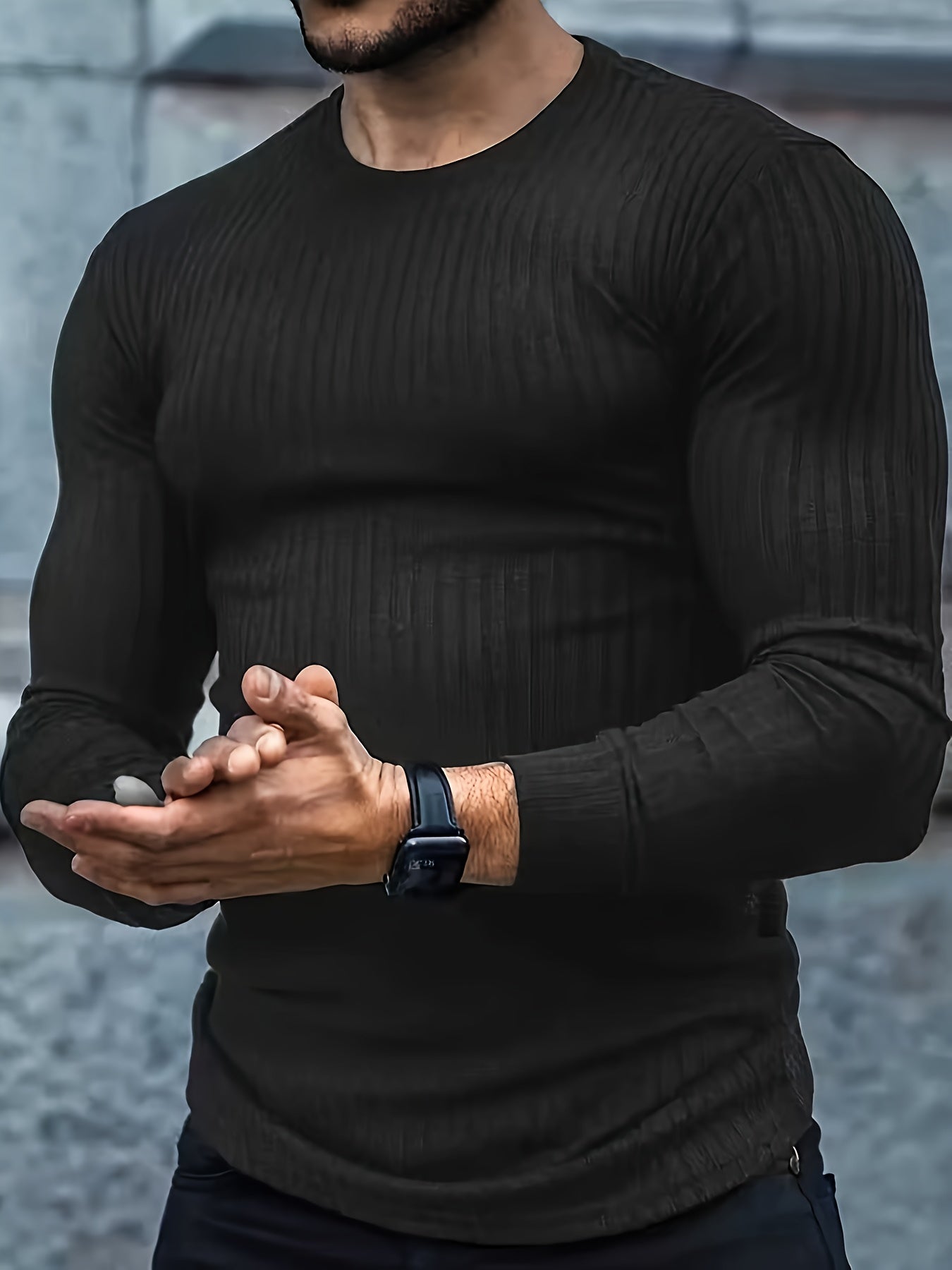 5pcs Men's Ribbed Long Sleeved T-shirt - Round Neck Casual Top Sports Shirt, High Elasticity, Spring And Autumn Regular Style, Daily Clothing, Elegant And Simple Style, Comfortable Fabric, Suitable for Outdoor Men's Gym, Running And Casual Wear