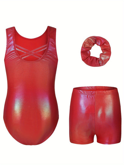 Girls' Sleeveless Gymnastics Bodysuit + Shorts + Headwear, Perfect for Outdoor