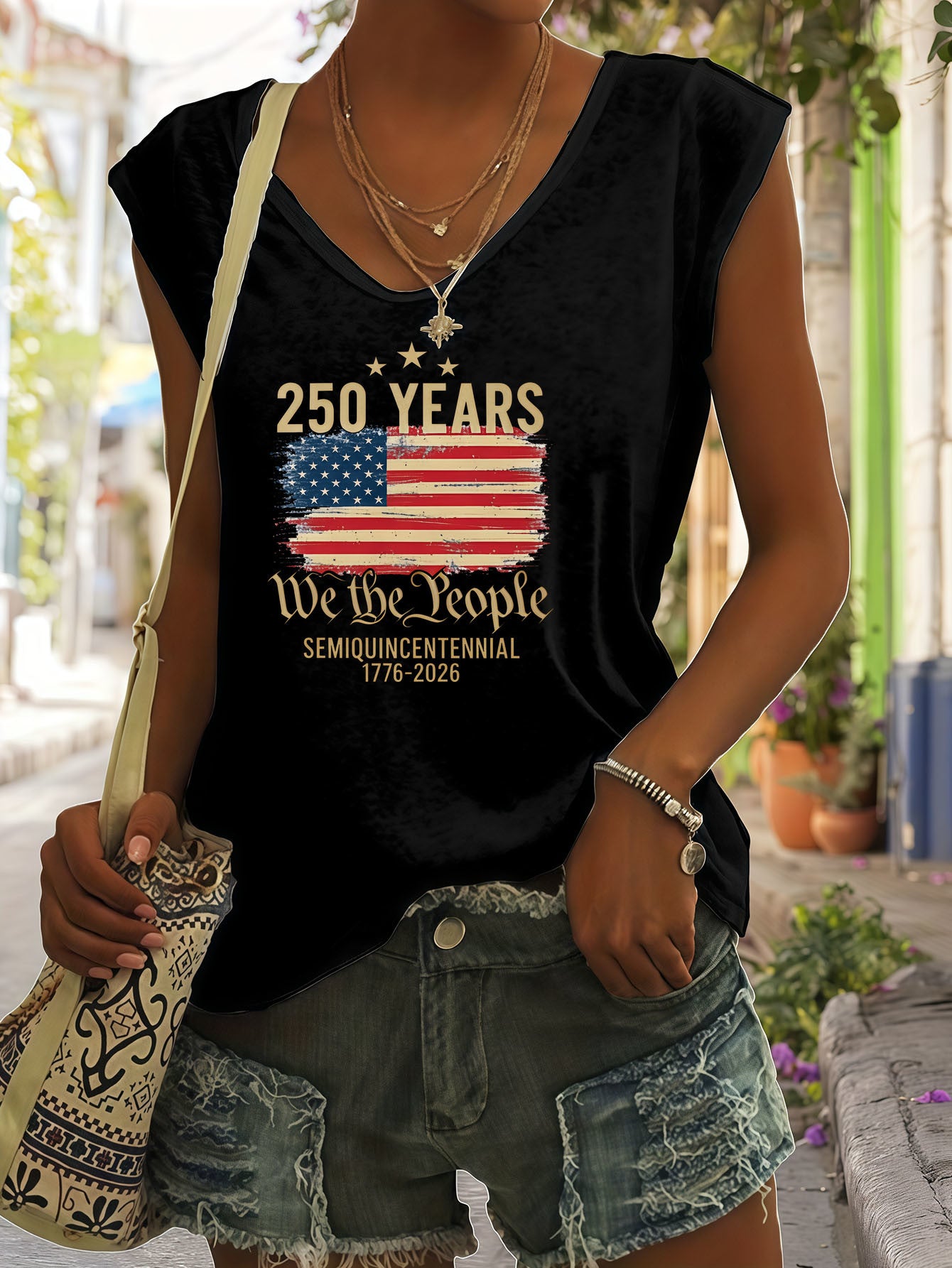 Casual American Flag Print VNeck Sleeveless Top, Soft Drape Loose Breathable Fabric Comfortable, Simple Chic Versatile Daily, Home Commute Outing Can Wear, Elegant Lazy Temperament