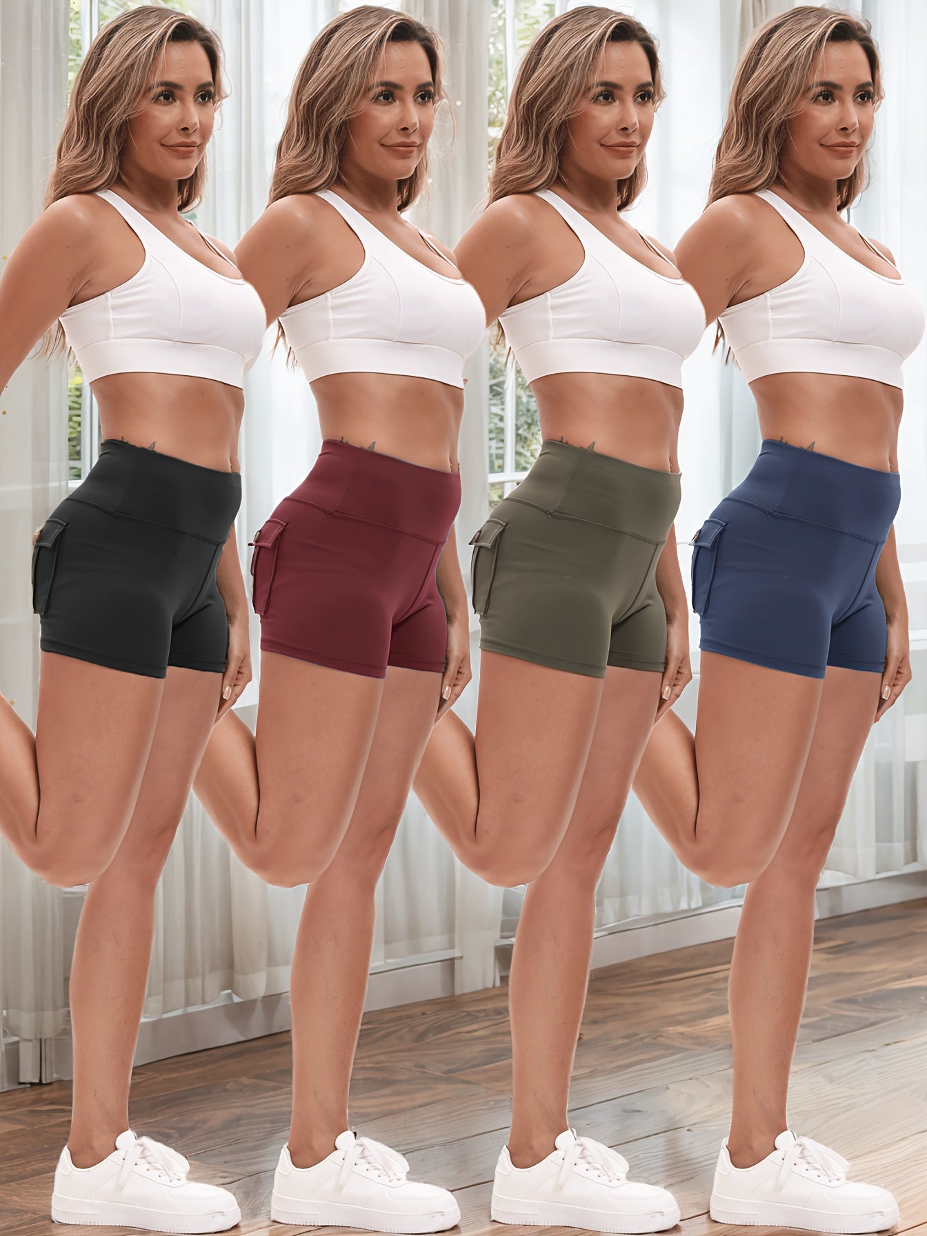 2026 High Stretch Elastic Waist Cargo Shorts Women's Shaping Hip Lifting Quick-Drying Fitness Pants with 2 Pockets 4pcs 2pcs Solid Color Yoga Short Pants Set Game Day Fan Gear for Soccer All Fans