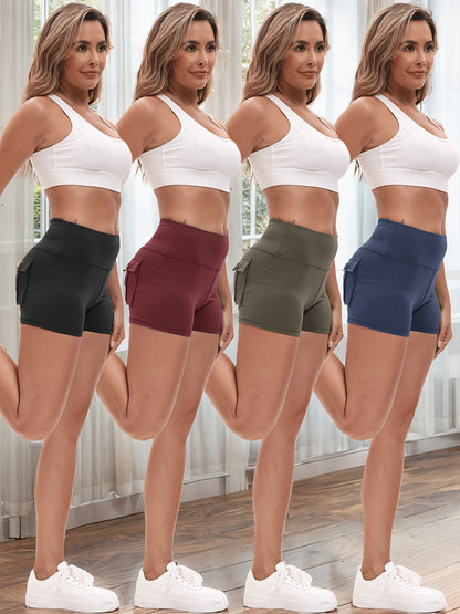 2026 High Stretch Elastic Waist Cargo Shorts Women's Shaping Hip Lifting Quick-Drying Fitness Pants with 2 Pockets 4pcs 2pcs Solid Color Yoga Short Pants Set Game Day Fan Gear for Soccer All Fans