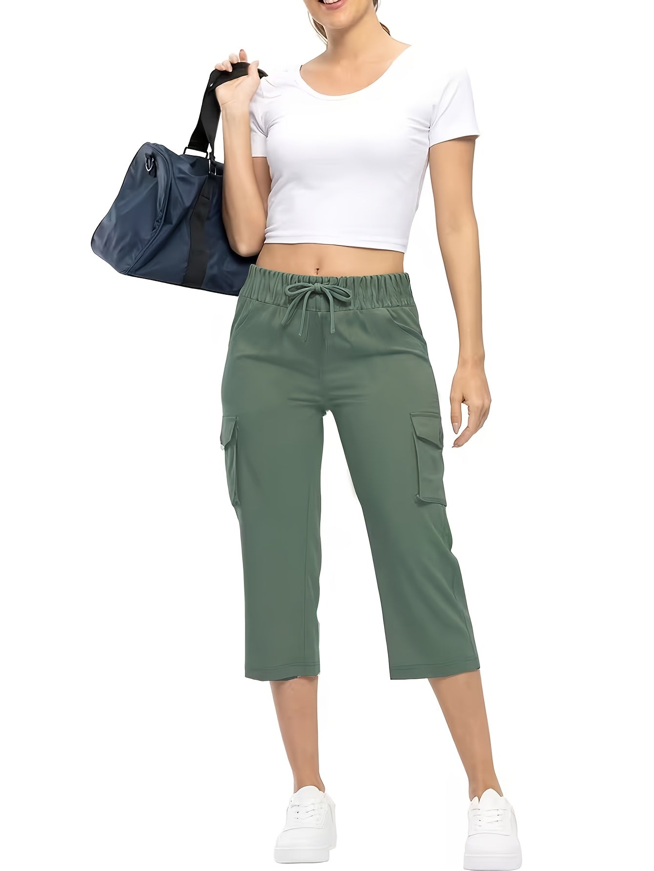3pcs Women'S Fashionable Cargo Capri Pants for Summer, with Elastic Waistband And Pockets - Casual Sports Capri Pants, Breathable Blend