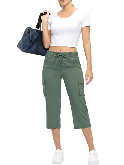 3pcs Women'S Fashionable Cargo Capri Pants for Summer, with Elastic Waistband And Pockets - Casual Sports Capri Pants, Breathable Blend