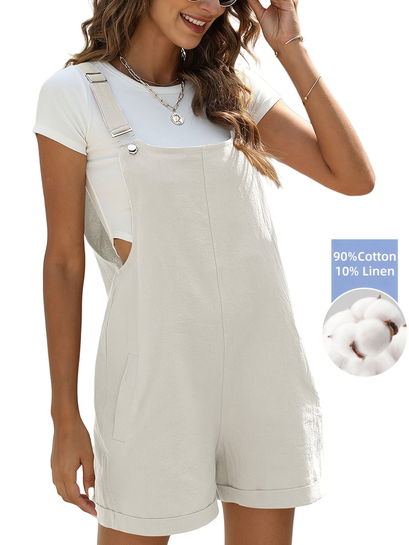 Women'S Linen Stylish Short Overalls Casual Summer Bib Shortalls With Pockets