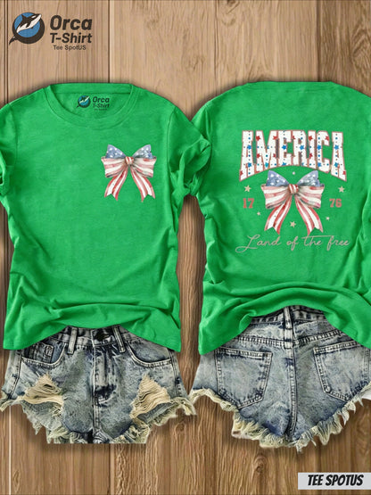 Women's America "Land of the Free" Bow & Flag Print T-Shirt - 4th of July Outfit, Casual Crew Neck Top with Map Design Suitable for Spring Summer, Gift (Local Shipping)