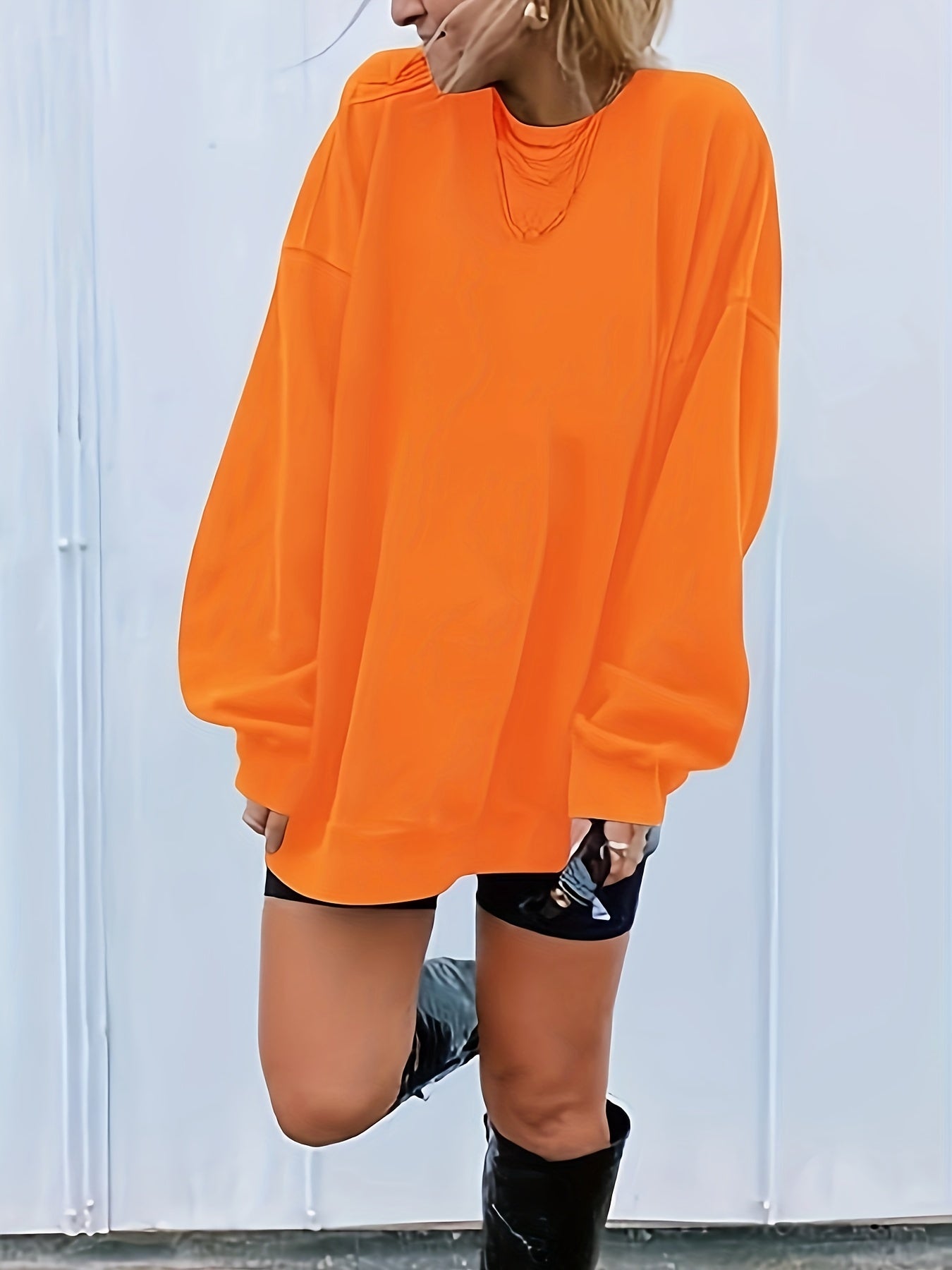 Women's Oversized Long Sleeve Sweatshirts Pure Color Round Neck Casual Pullover Shirt