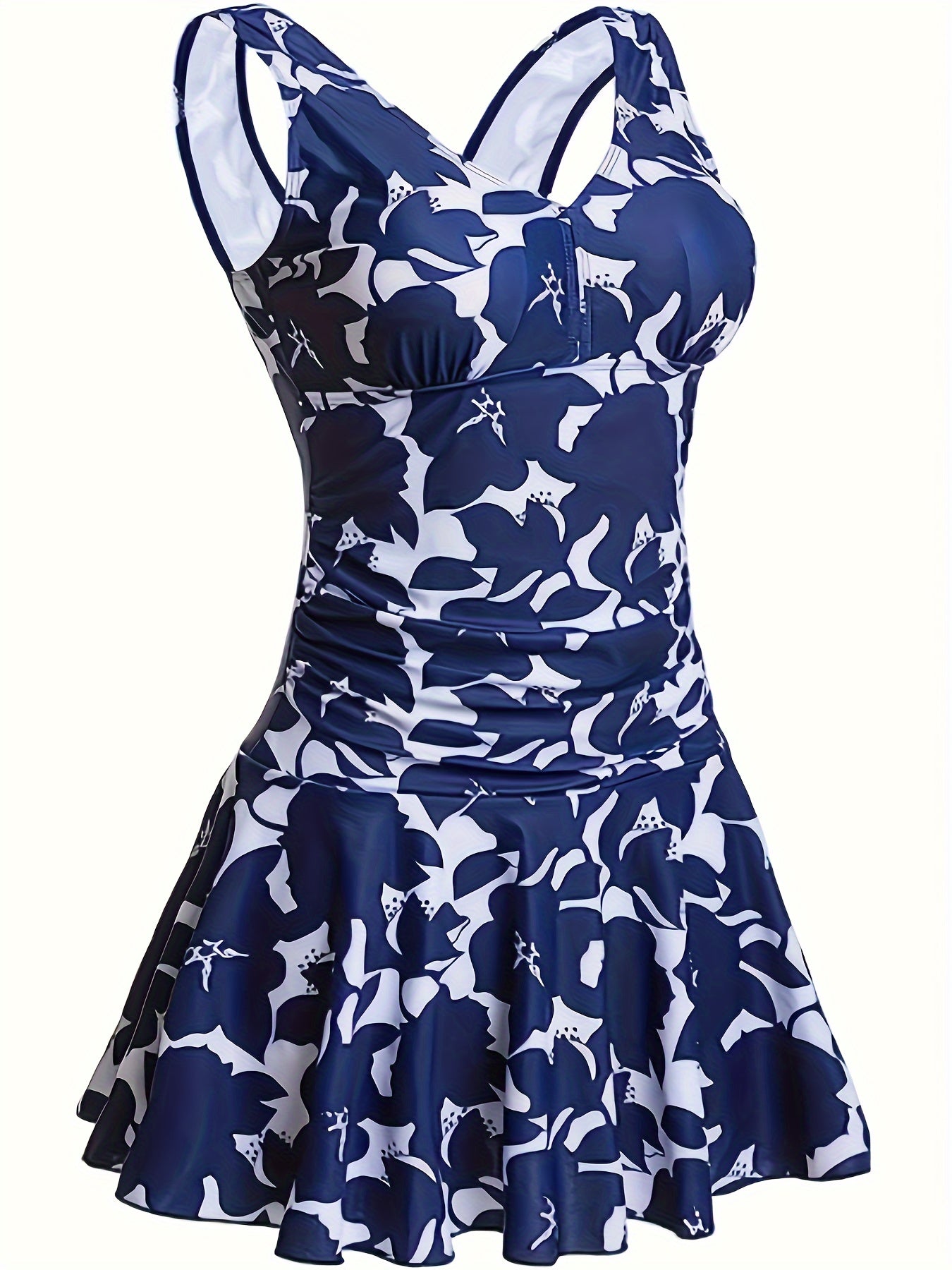 Floral Print V Neck Backless Swim Dress with Built-in Shorts 1pc Swimsuit, Bathing Suits, Women's Swimwear & Clothing