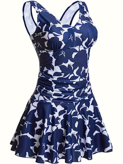 Floral Print V Neck Backless Swim Dress with Built-in Shorts 1pc Swimsuit, Bathing Suits, Women's Swimwear & Clothing
