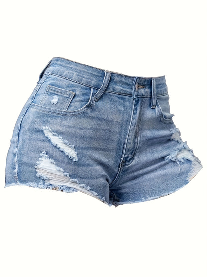 Blue Ripped Denim Shorts with Raw Elastic Hems And Pockets,, Shorts, Jean Shorts,, Shorts for Women,, Cute Clothes