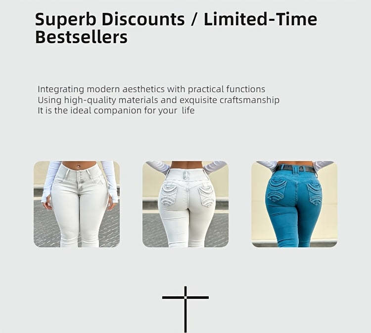HME-White/Turquoise Midriff-Waisted Denim Pants - Tight-fitting Denim Pants Featuring A Multi-button Midriff Design And Decorative Stitching Pockets. Can Be Paired with High Heels for Dates Or Outings.