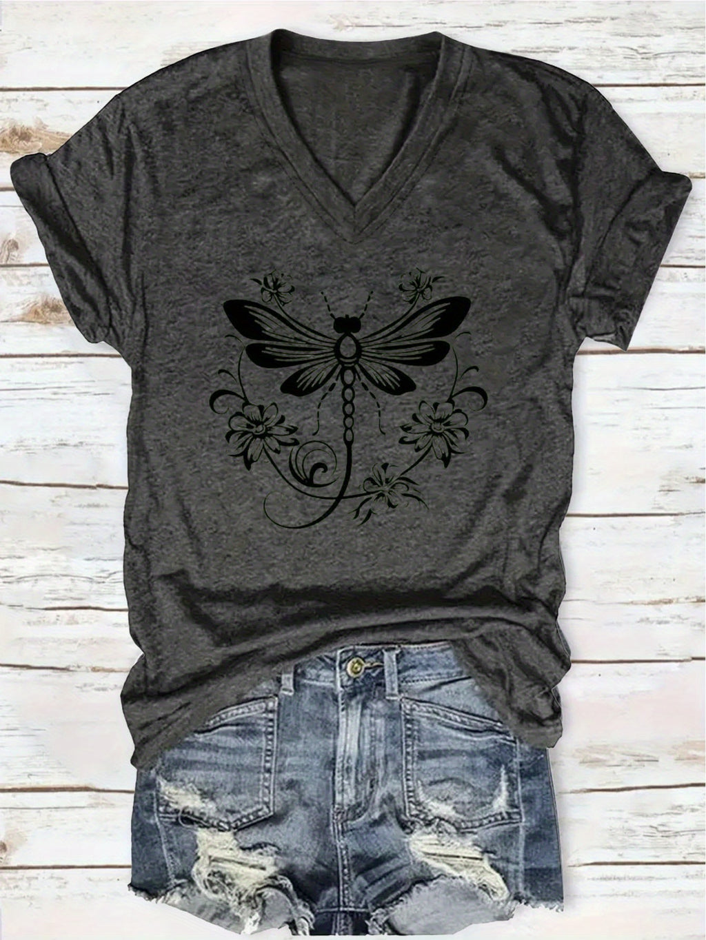 "Dragonfly" Print Pattern T-shirt, Short-sleeved V-neck Casual Top, Suitable for Summer and Spring, Women's Wear, a Great Gift for Friends and Family on Holidays