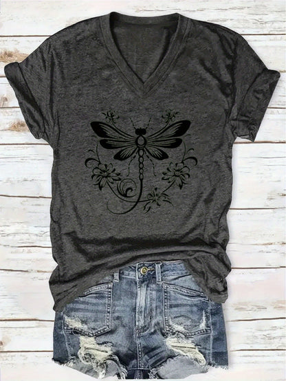 "Dragonfly" Print Pattern T-shirt, Short-sleeved V-neck Casual Top, Suitable for Summer and Spring, Women's Wear, a Great Gift for Friends and Family on Holidays