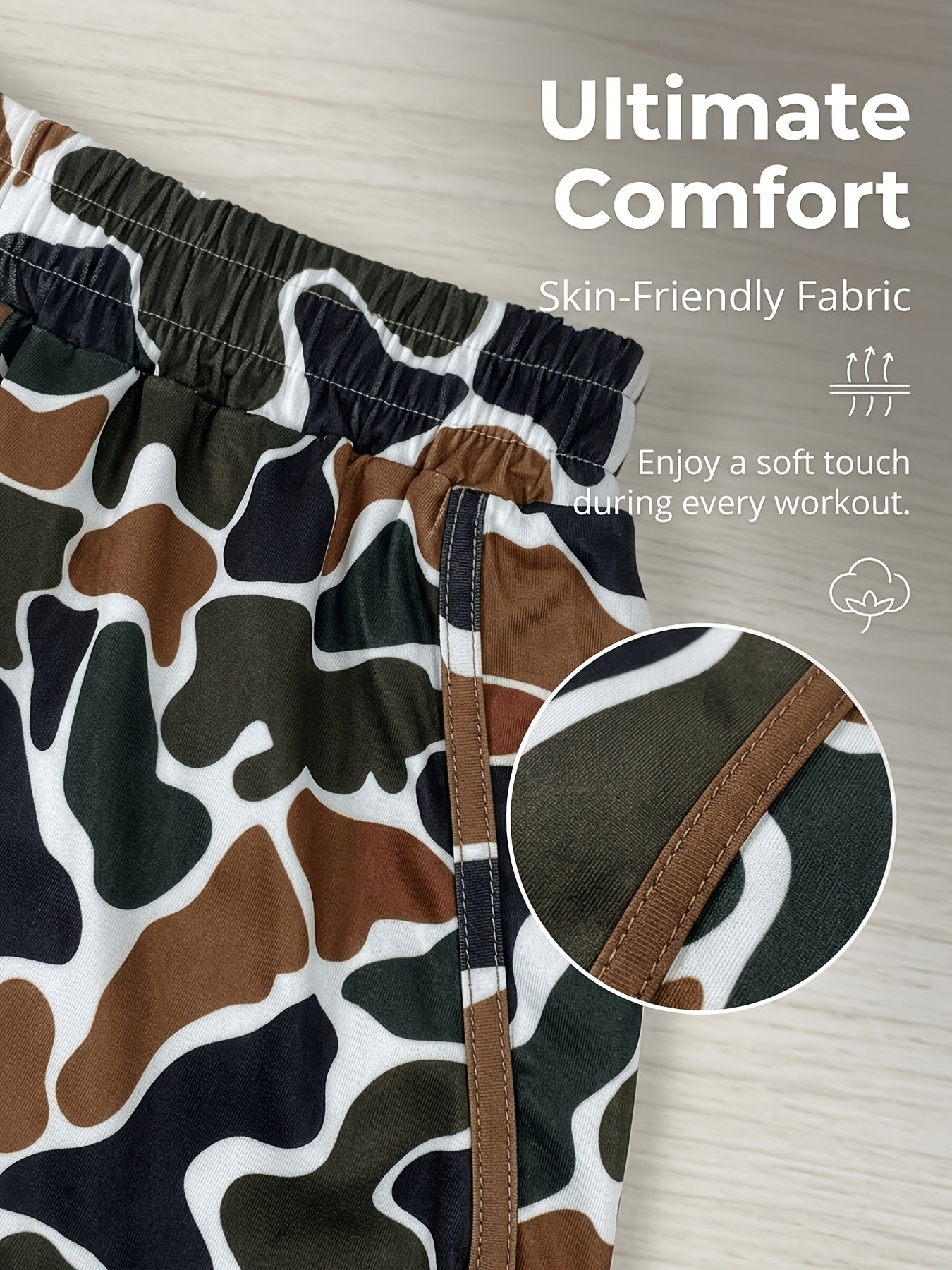 Camouflage Shorts - Green Brown Camo Elastic Waist with Drawstring, Durable Polyester Shorts Suitable for Park Strolling, Home & Outdoor Activities, Spring Summer Casual Wear, Camo Shorts for Everyday Use