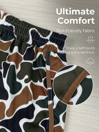 Camouflage Shorts - Green Brown Camo Elastic Waist with Drawstring, Durable Polyester Shorts Suitable for Park Strolling, Home & Outdoor Activities, Spring Summer Casual Wear, Camo Shorts for Everyday Use