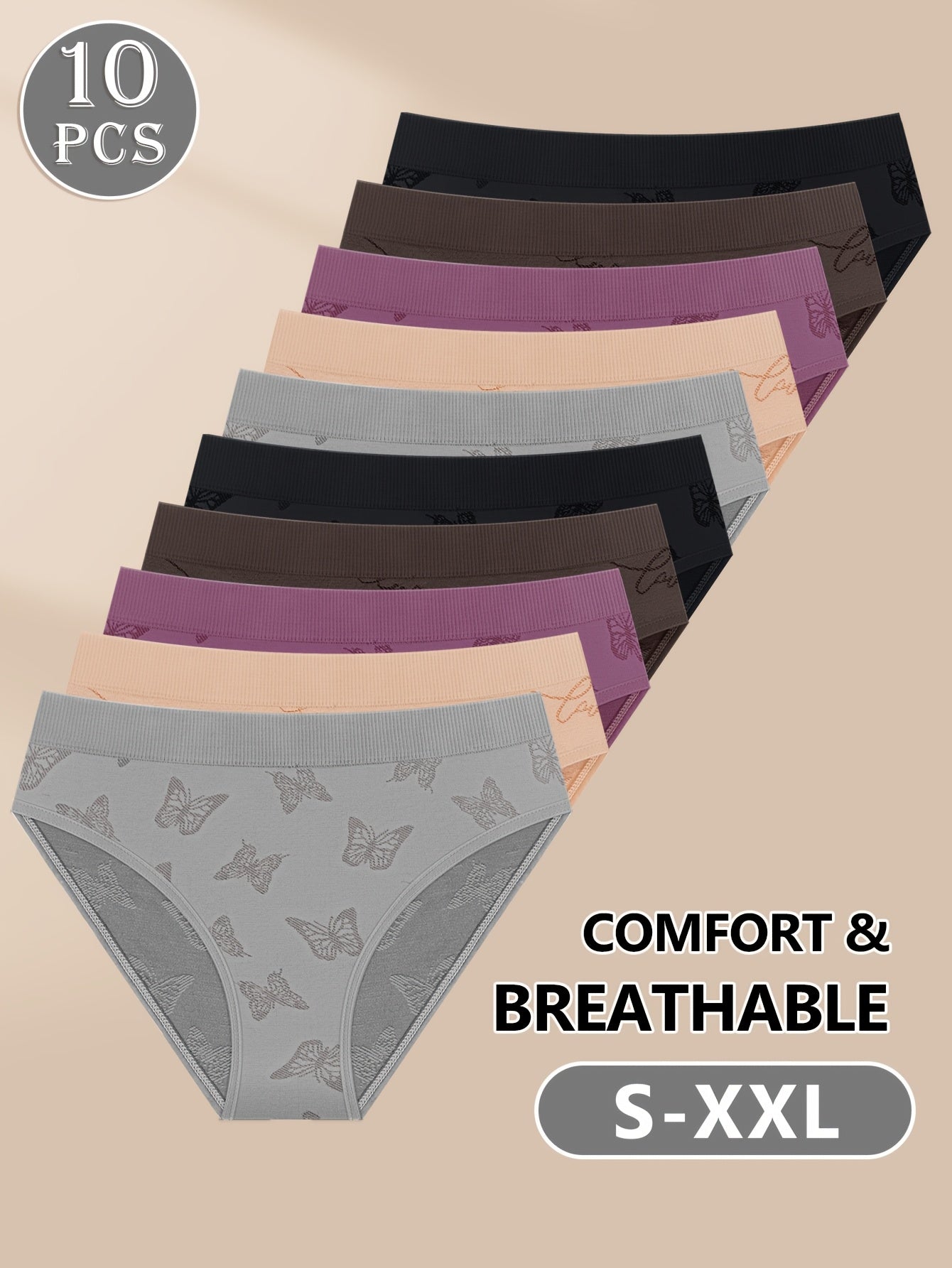 10pcs Women's Low-Rise Seamless Briefs with Butterfly Print, Soft Comfortable Stretchy Panties, Women's Underwear & Lingerie