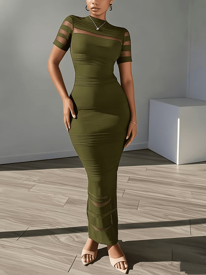 Women's Fashionable and Elegant Style Sheer Mesh Patchwork Slim-Fit Bodycon Long Dress - Short Sleeve High Neck Formal Evening Gown, Sexy Party Dress, Suitable for Nightclub Gatherings, for Spring, Summer, and Autumn