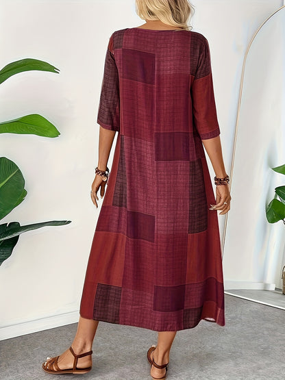 [Retro Geometric Dress] Vintage Geometric Print Women's Maxi Dress - Olive Green, Brown, And Beige Patchwork Design, Round Neck, Half Sleeves, Lightweight, Casual to Chic Style, Comfortable Outfit | Retro Geometric Dress | Earth Tone Design, Cute Dress