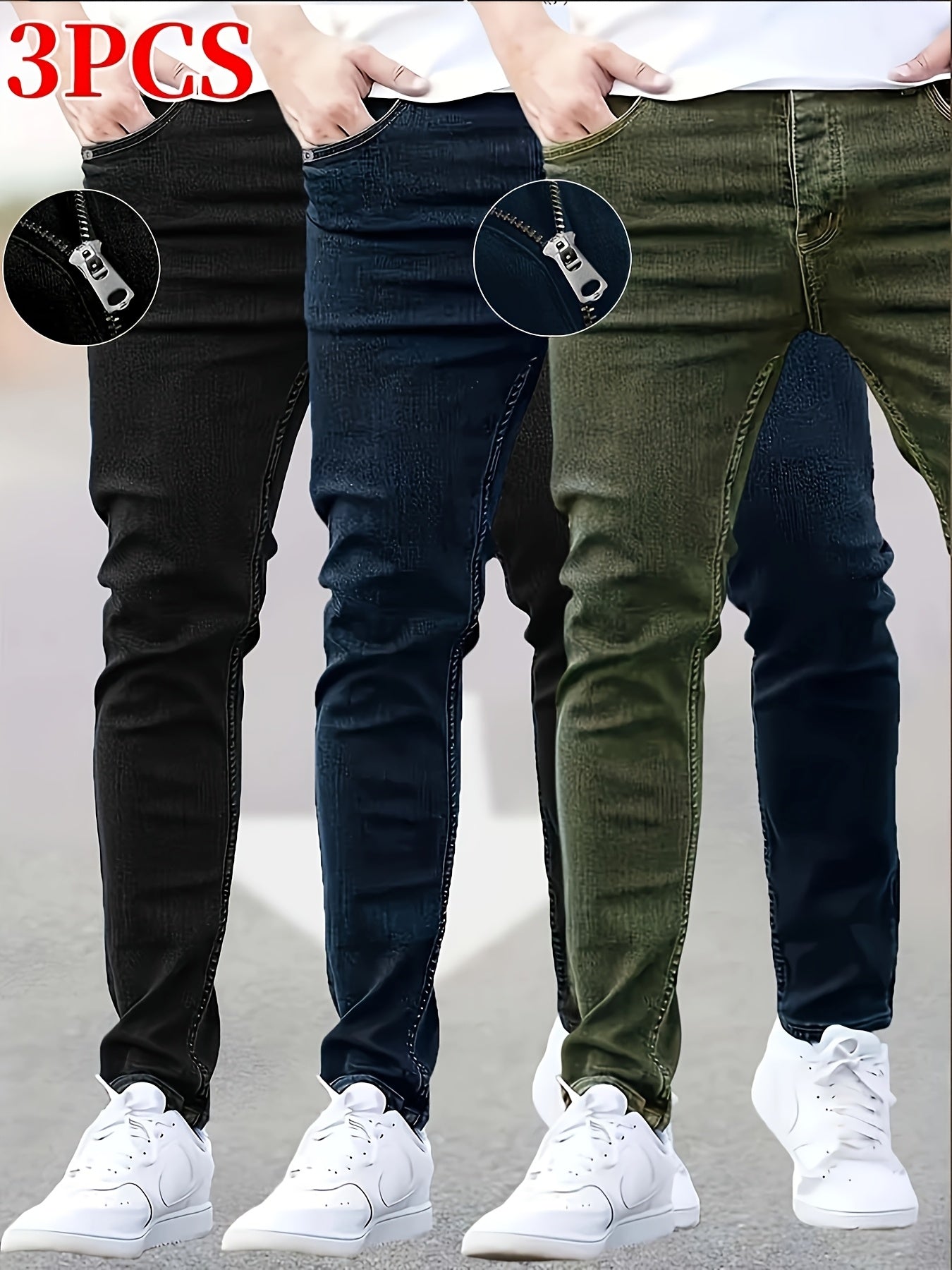 3pcs Men's Slim Fit Jeans - Heavy- Washed Streetwear Pants Suitable for All Seasons, Stretchable Basic Style with Washed, Year-Round Wear for Casual & -Casual Outfits