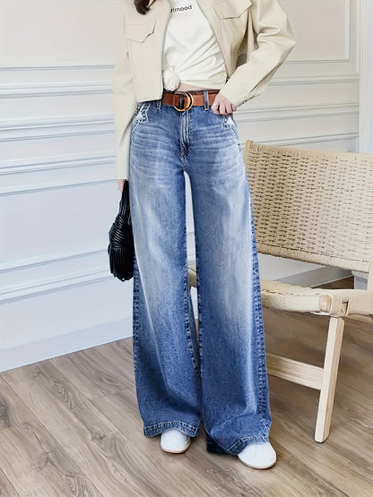 Women's Denim Jeans, Light Blue Loose Fit Wide-Leg Non-Stretch, Casual Comfort Machine Washable, All-Season Versatile Style