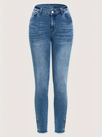 [Hme]Women'S Denim Trousers, Mid-To-High Waist Design, Lift The Hips, Tuck in The Abdomen And Look Slimmer, Suitable for All Seasons, Heavy Industry Washed Retro Blue, with Split Toe And Bubble Beads