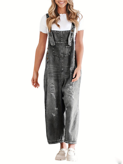 Casual Denim Overalls for Women Featuring a Loose Fit, Adjustable Straps, Distressed Design, And Pockets