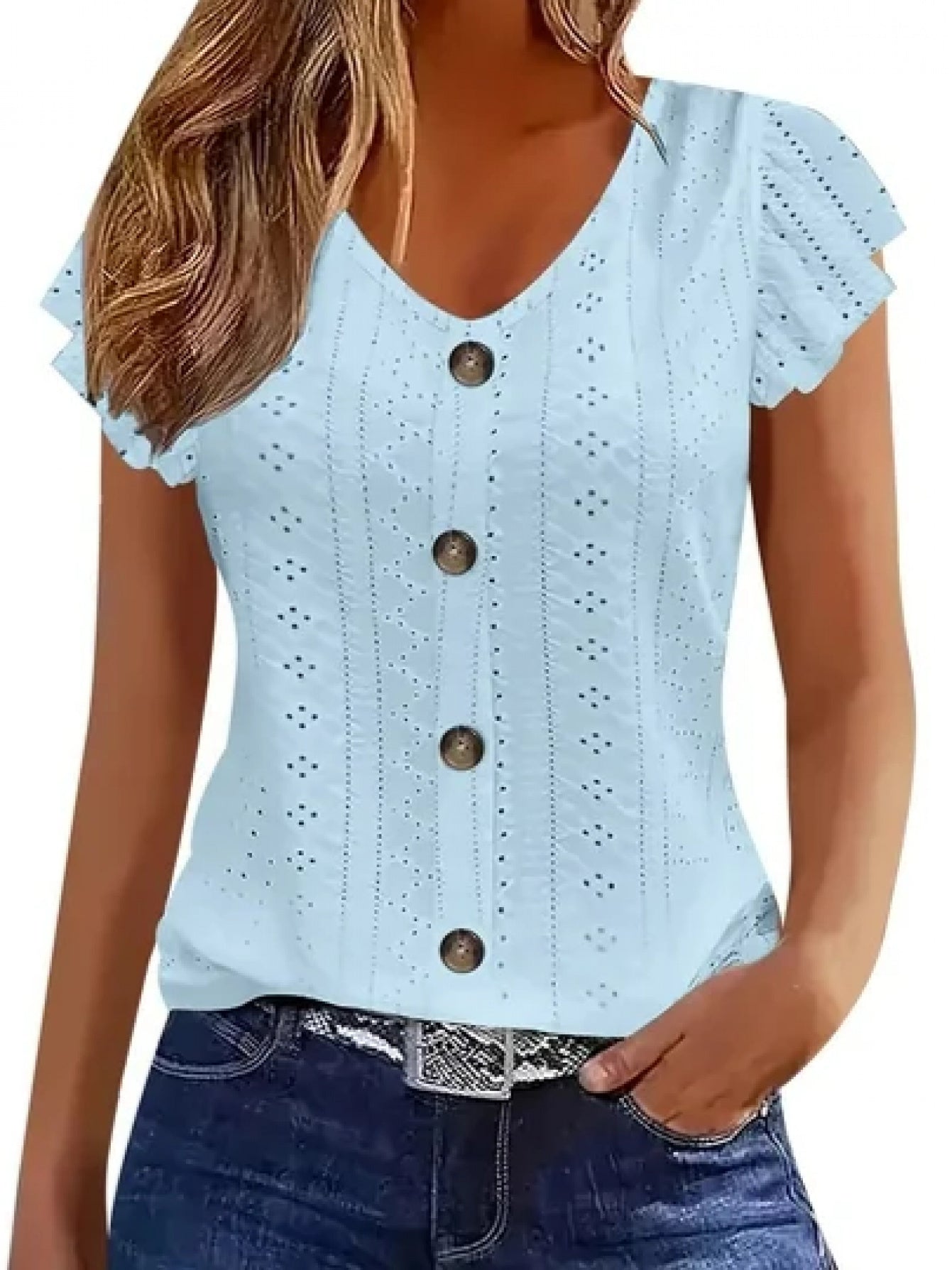 Women's Elegant V-Neck Ruffled Short Sleeve Top with Decorative Buttons, Casual Eyelet Embroidered Jacquard T-Shirt for Spring& Summer, Women's Clothing