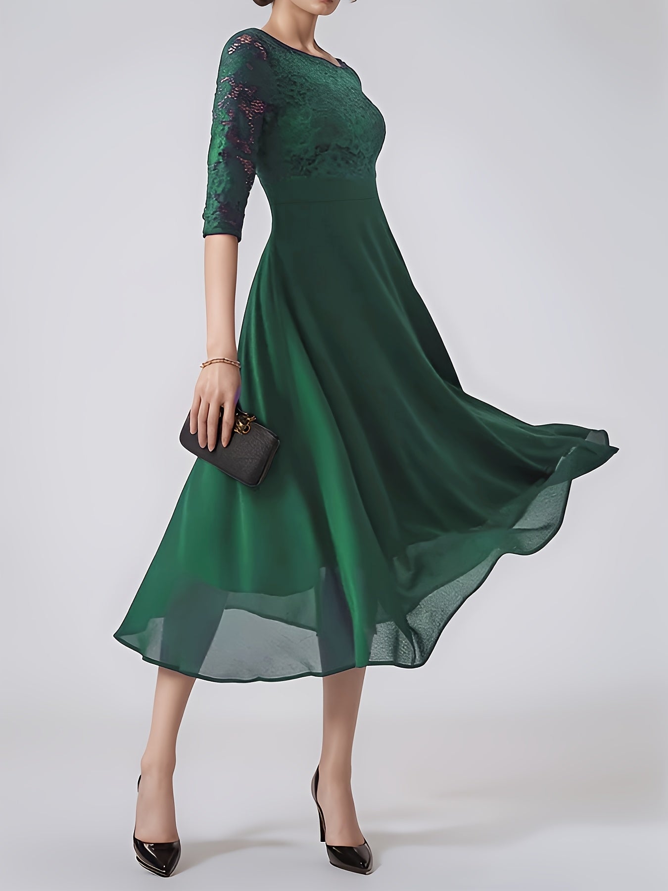 Elegant Navy Blue Lace-Trimmed Chiffon Evening Gown with Short Sleeves And Flowing Skirt, Perfect for Formal Events And Parties, Formal Evening Gown